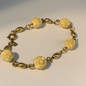 Vintage Set Gold and Cream Floral Carved Rose Bracelet and Earrings